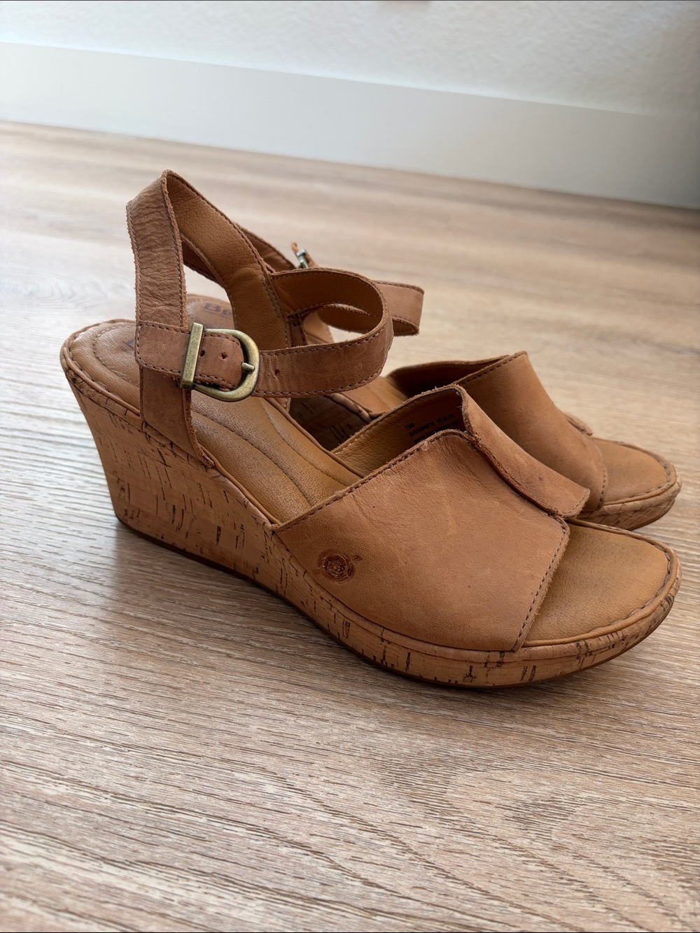 Born Tan Leather Cork Wedge Sandals size 10